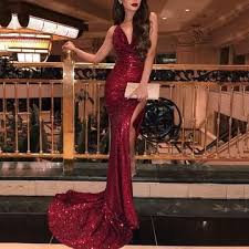 V Neck Red Sparkling Evening Dress Sparkly Prom Dresses Sequin Prom Dresses Mermaid Evening Dresses
