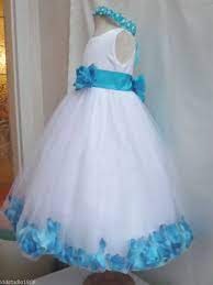 White Turquoise Cornflower Rose Petal Wedding Party Pageant Flower Girl Dress Dress Flower Girl Petal Flower Girl Dress White Flower Girl Dresses