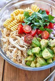 Healthy Chicken Pasta Salad With Avocado Tomato And Basil Healthy Chicken Pasta Healthy Delicious Healthy Recipes