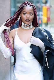Keke Palmer With Red Burgundy Hair Big Cornrow Braids White Silk Dress And Gloves Crystal Choker Burgundy Box Braids Box Braids Braided Hairstyles