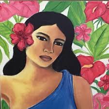 Renee K Coates Hawaii Hana Artist Girl with Anthuriums '03 Signed '04 Framed