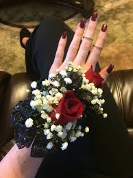 Prom 2015 Corsage Red Roses Black Red Nails Burgundy Gold Simple Stacked Rings Prom Coupl Prom Corsage And Boutonniere Prom Nails Red Red Corsages