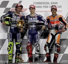 From Left To Right Yamaha Motogp Rider Valentino Rossi Of Italy Runner Up Motogp Winner Jorge Lorenzo Of Spain And Spa Yamaha Motogp Motogp Valentino Rossi