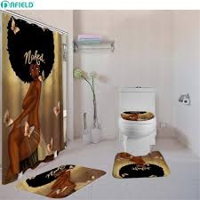 4 Pcs African American Woman Bath Set Girl Bathroom Decor Bathroom Curtain Set Shower Curtain Sets