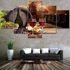 Hangin oversized artwork on a dining room wall can open up space. Buy Fu Keivy Wine Wall Decor For Dining Room Kitchen Grapes Wall Pictures Fruit 5 Piece Canvas Paintings Wall Art For Living Room Cellar With Wooden Barrel Artwork Giclee Framed Ready To Hang