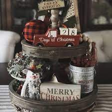 Two Tiered Tray With Christmas Decor Miniature Snowmen Red Truck Galvanized Bucket Buffalo Tray Decor Christmas Christmas Tray Christmas Decorations Rustic