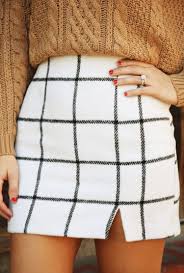 Black And White Plaid Skirt Outfit Cozy Cable Sweater Window Pane Plaid Fashion Clothes Style