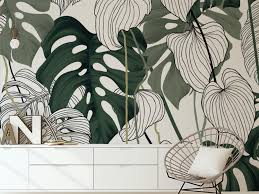 Black And White Wall Mural Tropical Tropic Sketch Dark Green And Black Banana Leaf Wallpaper Mural Etsy In 2020 Wall Murals Leaf Wallpaper Custom Photo Wallpaper