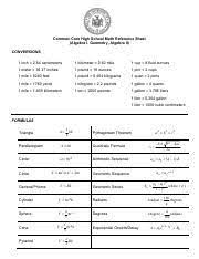 Algebra 1 regents formula sheet. Commoncorereferencesheet Common Core High School Math Reference Sheet Algebra I Geometry Algebra Ii Conversions 1 Inch 2 54 Centimeters 1 Kilometer Course Hero