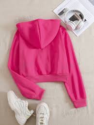 Solid Zip Up Drop Shoulder Thermal Lined Crop Hoodie