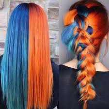 100 Percent Virgin Remy Human Hair Half N Half Wig Custom Colored Orange And Blue Fulllace Lacefront Unit With Images Hair Styles Dyed Hair Split Dyed Hair