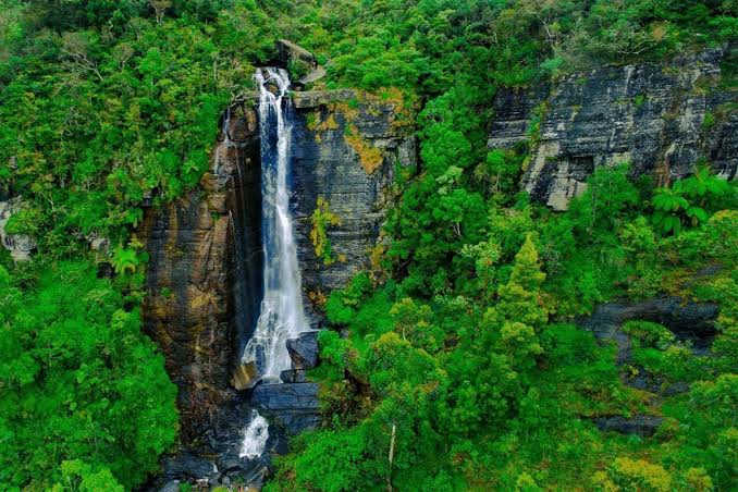 Lover's Leap waterfall 30 metres Labukele tea estate forest trail romantic legend Nuwara Eliya Sri Lanka