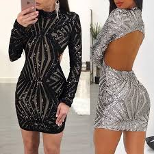 Shinny Open Back Long Sleeve Bodycon Mini Dress Mini Dress Formal Short Night Dress Long Sleeve Short Dress