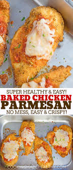 This classic parmesan crusted chicken baked is basically breaded boneless chicken breast, topped with marinara sauce and melted mozzarella cheese. Baked Chicken Parmesan Cooking Made Healthy