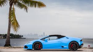 Photo of blue lamborghini sports car in barcelona spain on 9/30/18 at a stoplight. 2016 Lamborghini Huracan Lp 610 4 Spyder Light Blue In Miami Side Caricos