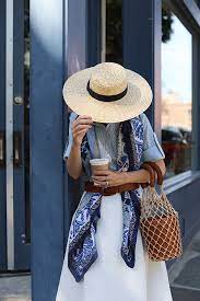 Preppy Summer Style Wide Brim Straw Hat Blue Silk Scarf Net Bag Preppy Style Summer Silk Scarf Style Silk Scarf Outfit