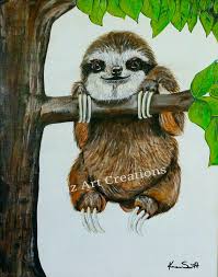 Just Hanging Cute Little Sloth Acrylic On Canvas By Karen Scott Sloth Art Painting Class Illustration Art