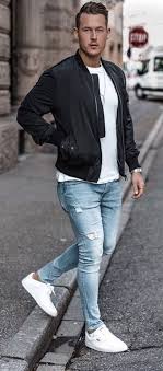 Wowa Valentino Casual Fall Combo Inspiration With A Black Bomber Jacket White T Shirt Distressed Blue Je Black Outfit Men Mens Outfits Sneakers Street Style