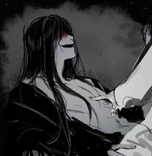 hyuwrii, adashino adami, mr. crawling, homicipher, highres, 1boy, 1girl,  black hair, black kimono, blood, blood on face, colored skin, cowgirl  position, grey background, grey skin, hand on anothers chest, hetero,  implied sex,