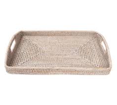 This company manufactures a great line of rattan items for your table and home. Summerville Handwoven Rattan Rectangular Serving Tray White Wash Pottery Barn