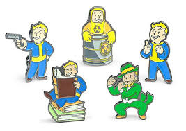 Ready To Spend Some Perk Points Get A Five Pack Of Enamel And Metal Pins Featuring Vault Boy As Charisma Gunslinger Intelli Think Geek Vault Boy Enamel Pins