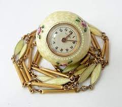 Vintage Bucherer Guilloche Enamel Ball Watch Pendant Necklace Pink Flowers Yellow Guilloche Enamel Chain Gold Tone Metal Works Runs Vintage Fine Jewelry Pendant Watches Antique Watches