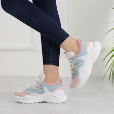 Kosala Beyaz Mavi Pudra Kalin Taban Kadin Spor Ayakkabi Sneaker Ayakkabilar Tabata