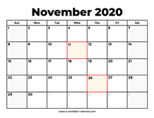 This listing is for a printable 8.5 x 11 inch vertical (portrait orientation) 2021 calendar template. November 2020 Calendar
