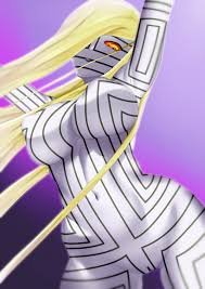 asherah, atlus, shin megami tensei, shin megami tensei: strange journey,  artist request, highres, 1girl, blonde hair, breasts, colored sclera,  colored skin, long hair, long sleeves, looking down, navel, nude, orange  eyes, orange sclera, purple background, very ...