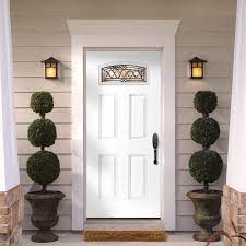 Masonite 36 In X 80 In Halifax Camber Fan Lite Right Hand Inswing Primed Steel Prehung Front Exterior Door With No Brickmold 97215 The Home Depot Brick Exterior House Exterior Doors Front Porch Decorating
