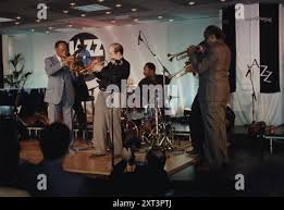 Harry "Sweets" Edison, Clark Terry, Lew Soloff and Alvin Queen,  Jazz Inn Party, Nordwijk, Netherlands, 1989 Stock Photo