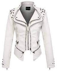 Women S Fashion Studded Perfectly Shaping Faux Leather Biker Jacket White By Rugsandleatherhouse O Faux Leather Biker Jacket Fashion Leather Skirt Street Style