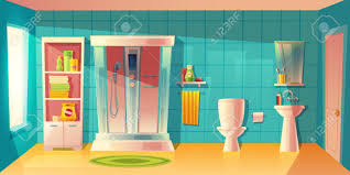 Vector cartoon bathroom interior background template. Bathroom Interior With Automatic Shower Cabin Washbasin Room Stock Photo Picture And Royalty Free Image Image 111082966