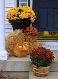Mums In Bushel Baskets And Hay For The Porch Fall Porch Decorating Fall Outdoor Decor Fall Decorations Porch Fall Halloween Decor