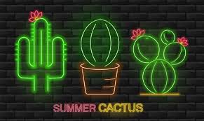 Premium Vector Neon Cactus Set Beautiful Green Cactus Brick Background Neon Lights