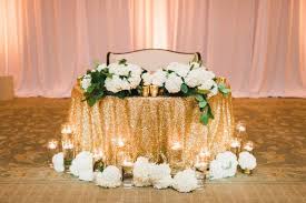Glamorous Sweetheart Table Gold Sequin Linen Candles White Hydrangeas And Greenery Sweetheart Table Wedding Head Table Wedding Sweetheart Table