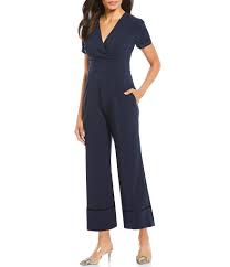 Maggy London Petite Size Stretch Crepe Short Sleeve Cropped Wide Leg Jumpsuit Dillards