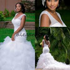 Luxury Beaded Cathedral Ruffles Train Mermaid Wedding Dresses 2018 Plus Size South African Nigerian Lace Up Fishtail Garden Bridal Dress Wedding Dresses For Bri Beach Bridal Dresses Lace Mermaid Wedding Dress