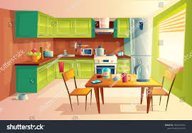 Vector Cartoon Illustration Of Cozy Modern Kitchen With Appliances Fridge Stove Toaster Microwave Kett Kitchen Background Kitchen Interior Kitchen Cartoon
