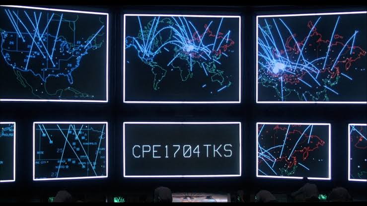 NORAD war room big board displays in WarGames, AI generated