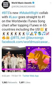 Bts Make It Right Feat Lauv Debuts At 1 Worldwide Bts Amino