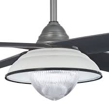 Schoolhouse ceiling fan with four maple blades, polished nickel elements and clear ogee shade that accommodates a single bulb. Optional Ceiling Fan Shade By Minka Aire Fs683l Wh
