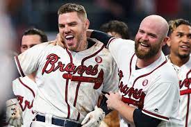 Photos Freddie Freeman Braves Celebrate Walk Off Win Over Brewers Atlanta Braves Baseball Braves Atlanta Braves