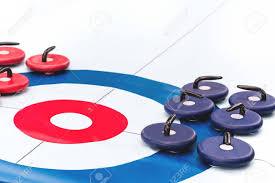 Each player on two teams slides round stones across the ice toward a target called the tee, or button, which is a fixed mark in the center of a circle. Floor Curling Sheet With Red And Blue Roller Stones For Fun Indoors Stock Photo Picture And Royalty Free Image Image 126943297