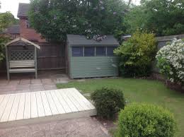Painted Arbour Decking And Shed Willow Green And Country Cream Garden Design Patio Willow Green