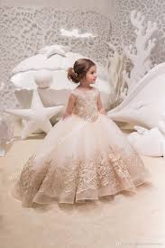Princess Ivory Gold Flower Girls Dresses 2018 Big Bow Back Miniature Bridal Dress For Flower Girl Dress Lace Flower Girl Dresses Tulle Gold Flower Girl Dresses