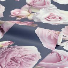 Amazing gallery of interior design and decorating ideas of pink floral wallpaper in bedrooms, living rooms, dens/libraries/offices, girl's. Floral Bloom Rose Wallpaper Navy Pink Wallpaper From I Love Wallpaper Uk