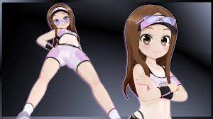 gs-mantis, takagi-san, karakai jouzu no takagi-san, highres, 1girl, 3d,  blush, breasts, brown eyes, brown hair, crop top, crossed arms, female  focus, flat chest, from below, hand on own hip, loli, long hair,