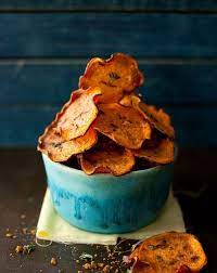 Orange Sweet Potato Baked Chips With Thyme Recipe Snacks Sweet Potato Chips Baked Chips