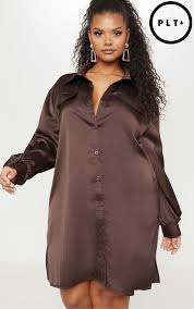 Plus Chocolate Brown Satin Shirt Dress Satin Shirt Dress Satin Shirt Button Outfit